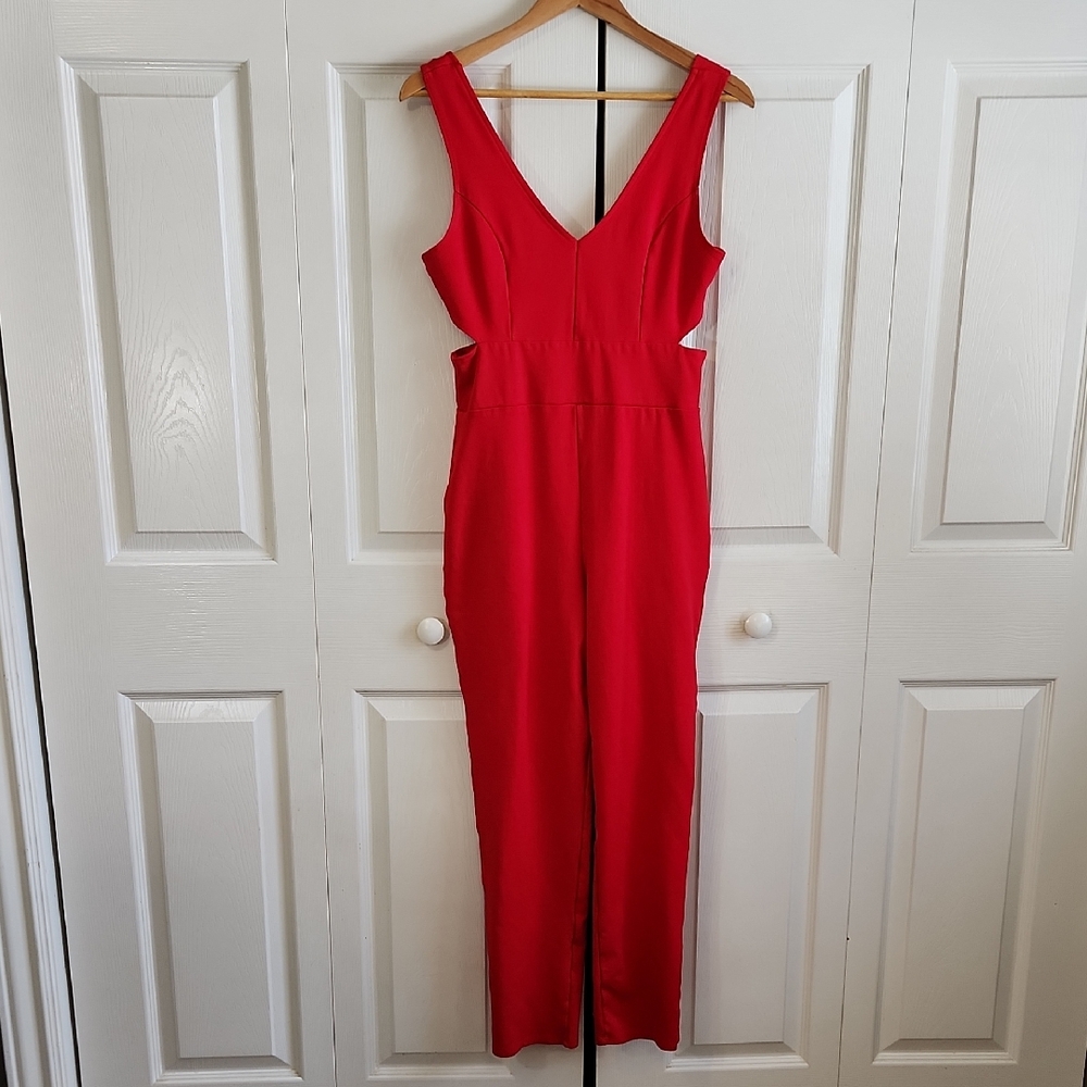 Vintage Rolla Coster Red Jumpsuit Size LG Sleeveless Side Cutoutsβ Gold Zipper